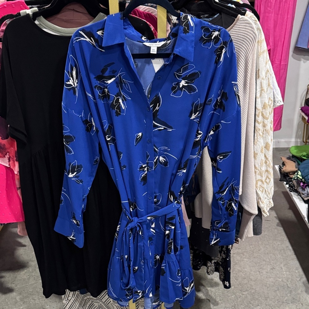 Nine West Royal Blue Floral Button-Front Shirt Dress